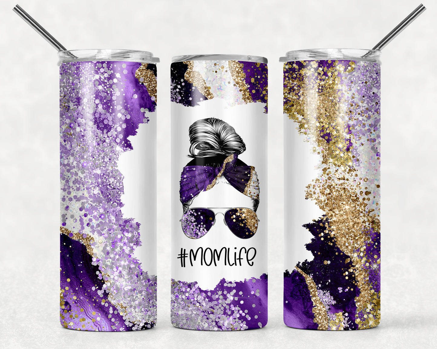 Purple and Silver Marble Mom Life Tumbler