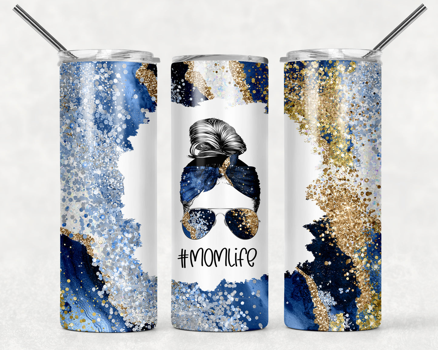 Blue and Silver Marble Mom Life Tumbler