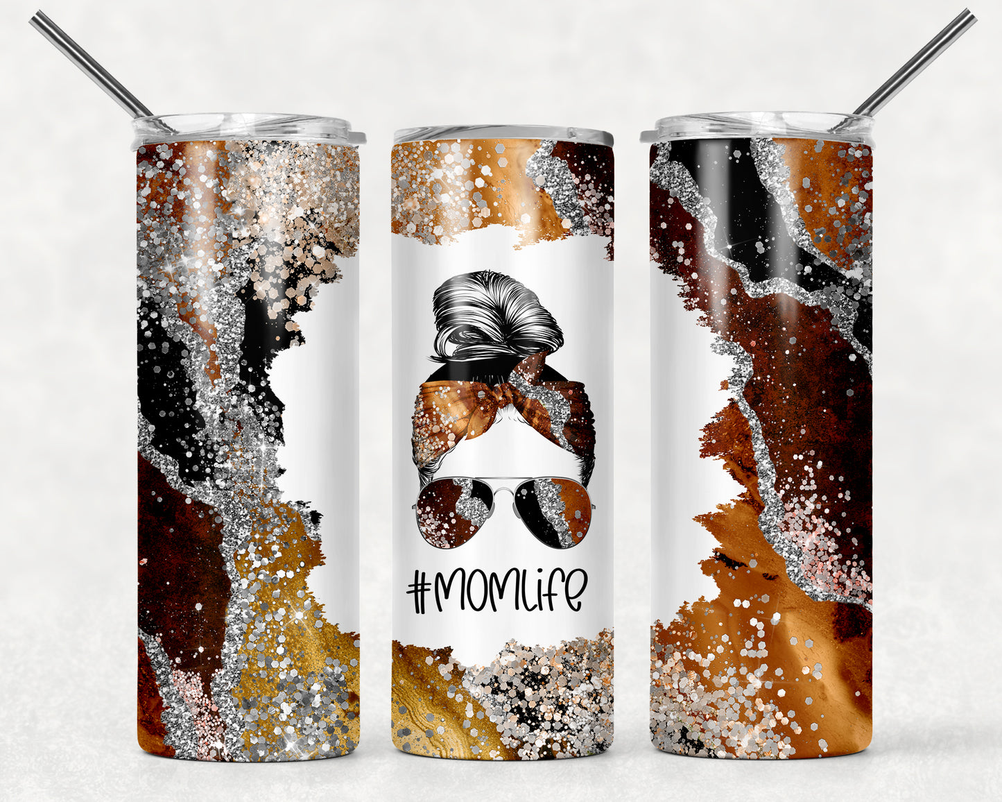 Brown and Silver Marble Mom Life Tumbler