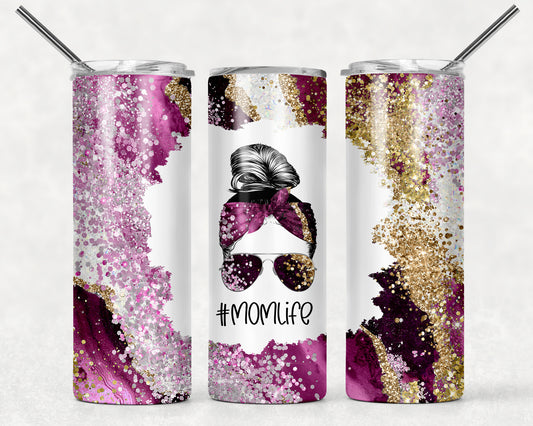 Pink and Silver Marble Mom Life Tumbler