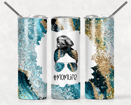 Light Blue and Silver Marble Mom Life Tumbler