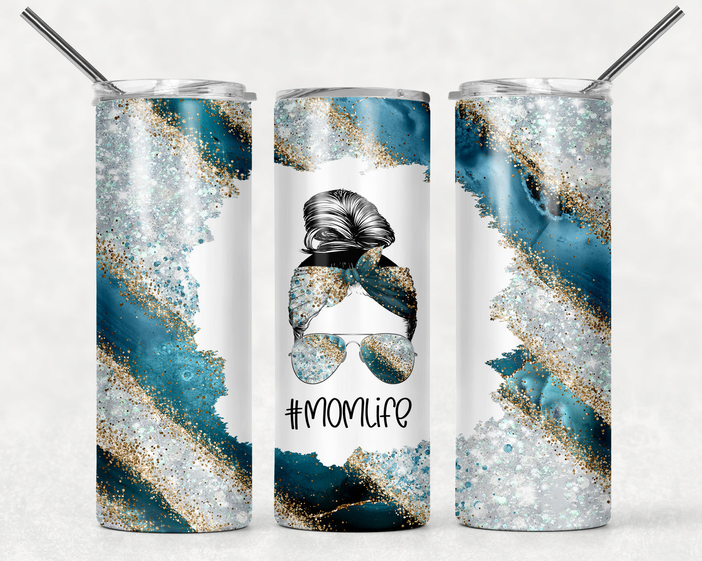 Teal and Silver Marble Mom Life Tumbler
