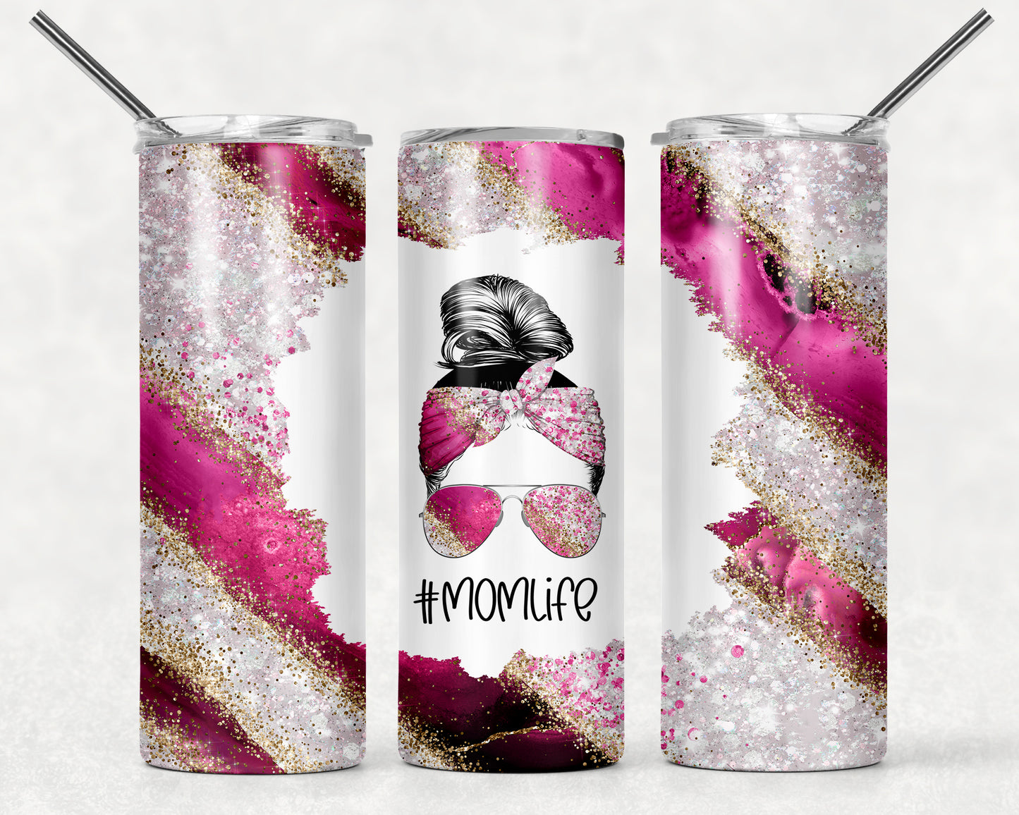 Pink and Silver Marble Mom Life Tumbler